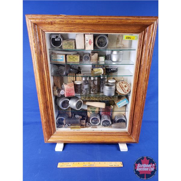 Glass Front Display Cabinet with Contents (Cobbler Supplies, Nails, Awl, Tacs, etc!) (26"H x 20-1/2"