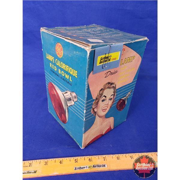 General Electric RED BOWL HEAT LAMP WITH Original Box (7-1/2"H x 5-1/2"W x 5-1/2"D) (SEE PICS!)