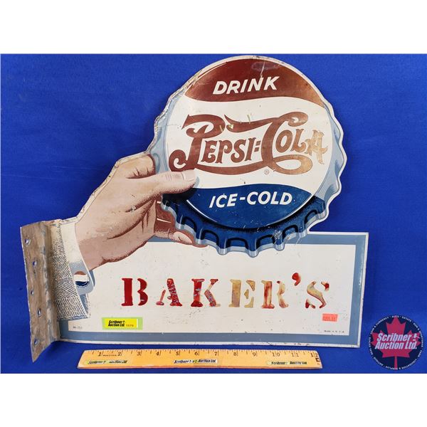 Rare Double Side Aluminum Flange Sign : DRINK PEPSI:COLA ICE-COLD (c.1940's - Wartime : Stamped M-15