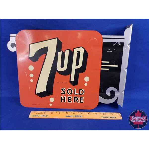 7UP SOLD HERE : Double Side Tin Flange Sign (Stout Sign Co. St Louis MO) (11"H x 14-1/2"W x 2"D Flan