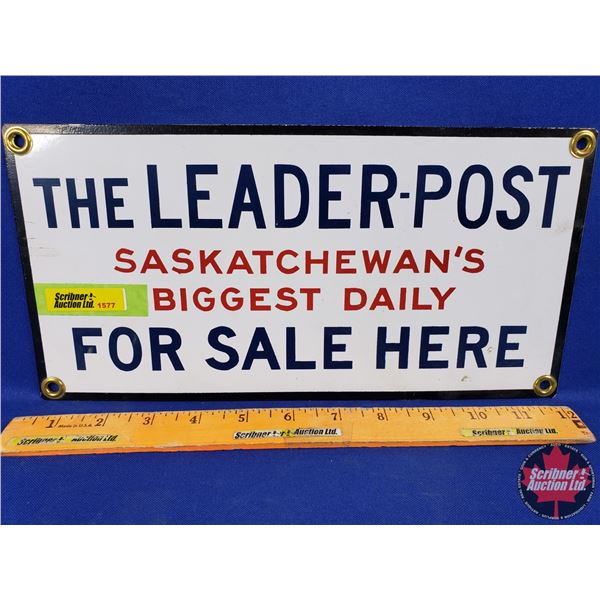 Single Side Enamel Sign "THE LEADER-POST Saskatchewan's Biggest Daily FOR SALE HERE" (6"H x 12"W) (S