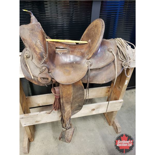 Western Saddle - Maker : CE Coggshall Miles City, Montana (High Back) (13") (Display Stand NOT INCLU