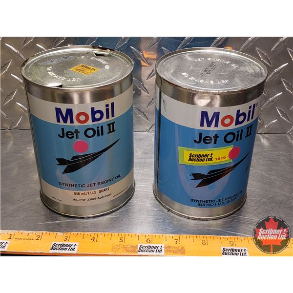 OIL TINS (2) : Mobil Jet Oil II (5-1/2"H x 4"Dia) (SEE PICS!)