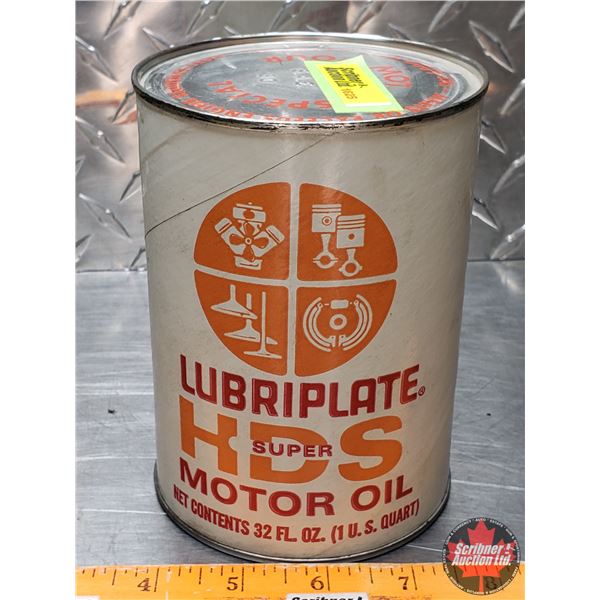 OIL TIN: LUBRIPLATE SUPER HDS MOTOR OIL (FULL)  (5-1/2"H x 4"Dia) (SEE PICS!)