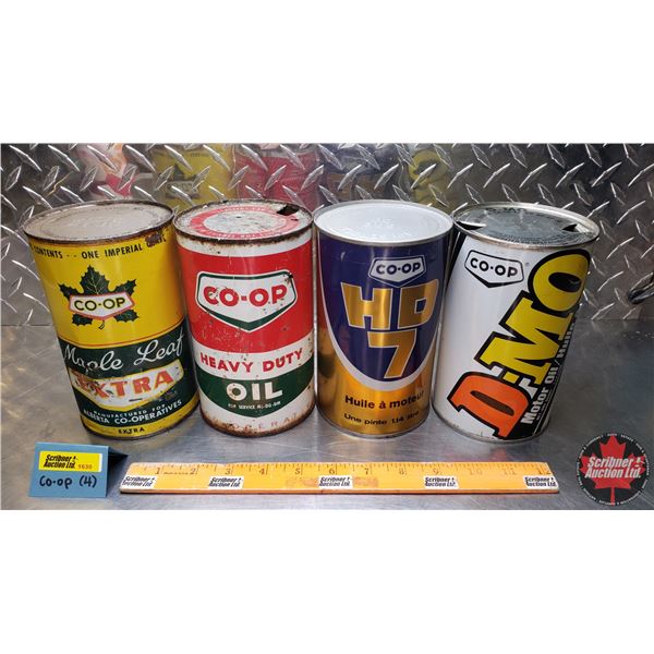OIL TINS (4): CO-OP - Variety (6-1/2"H x 4"Dia) (SEE PICS!)