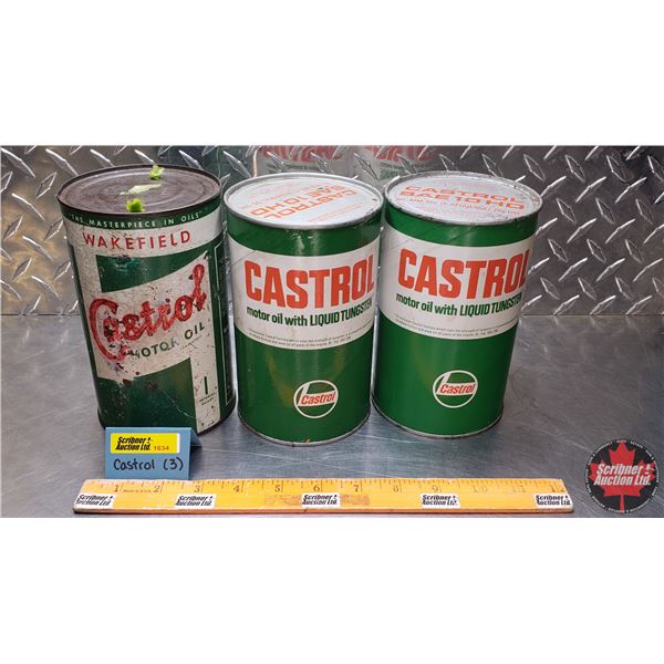 OIL TINS (3): CASTROL - Variety (2 FULL Cardboard & 1 Tin Empty) (6-1/2"H x 4"Dia) (SEE PICS!)