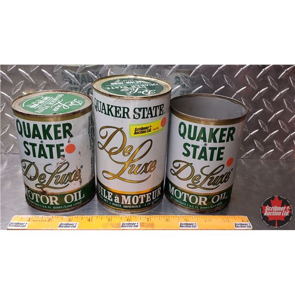 OIL TINS (3): QUAKER STATE Deluxe (Tallest) (6-1/2"H x 4"Dia) (SEE PICS!)