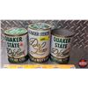 Image 1 : OIL TINS (3): QUAKER STATE Deluxe (Tallest) (6-1/2"H x 4"Dia) (SEE PICS!)