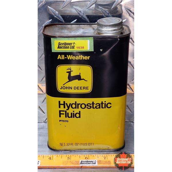 JOHN DEERE All-Weather Hydrostatic Fluid Tin (FULL) (7-1/2"H x 4-1/2"W x 2-1/4"D) (SEE PICS!)
