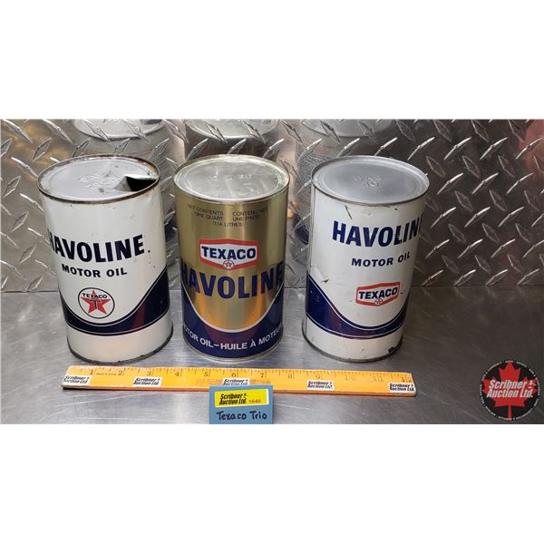 OIL TINS (3): TEXACO HAVOLINE MOTOR OIL (6-1/2"H x 4"Dia) (SEE PICS!)
