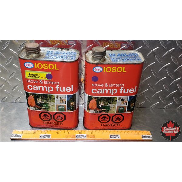 FUEL TINS (2): ESSO IOSOL STOVE & LANTERN CAMP FUEL (7-1/2"H X 4-1/2"W x 2-1/2"D) (SEE PICS!)