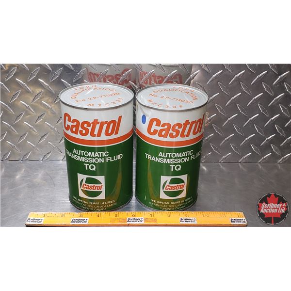 OIL TINS (2): CASTROL AUTOMATIC TRANSMISSION FLUID TQ (Both FULL) (6-1/2"H x 4"Dia) (SEE PICS!)