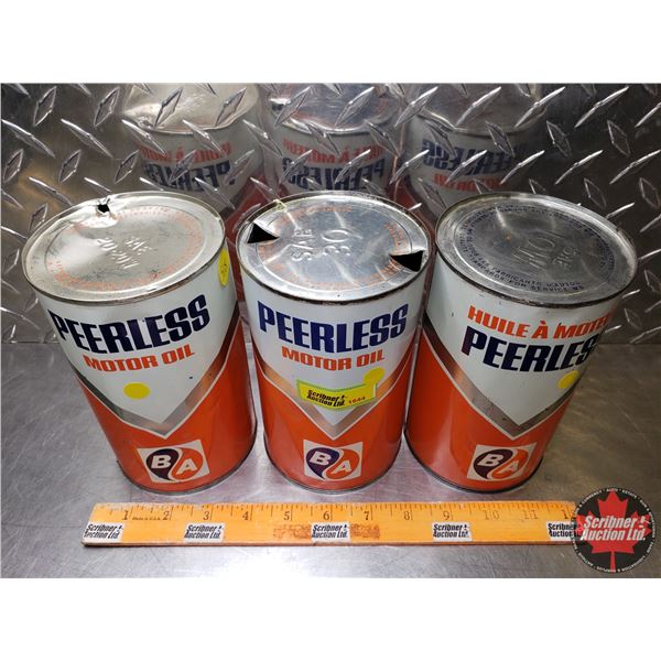 OIL TINS (3): B/A PEERLESS MOTOR OIL (6-1/2"H x 4"Dia) (SEE PICS!)