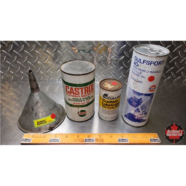 Collector Combo: Funnel ; Castrol Tin ; McCulloch Tin (FULL); Gulfsport 40 Tin (Tallest 7-1/4"H) (SE