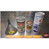 Image 1 : Collector Combo: Funnel ; Castrol Tin ; McCulloch Tin (FULL); Gulfsport 40 Tin (Tallest 7-1/4"H) (SE