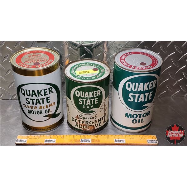 OIL TINS (3): QUAKER STATE - Variety (Tallest 6-1/2"H x 4"Dia) (SEE PICS!)