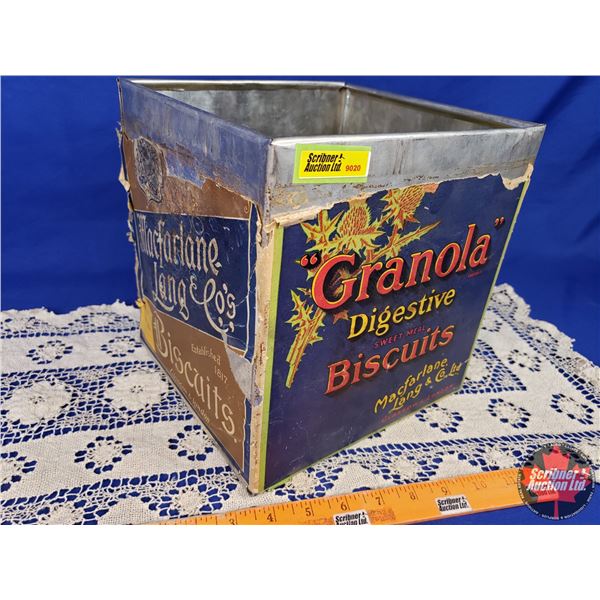 "Granola Digestive Biscuits" Tin (Paper Label) (9-1/2"H x 9"W x 8-3/4"D) (No Lid) (SEE PICS!)