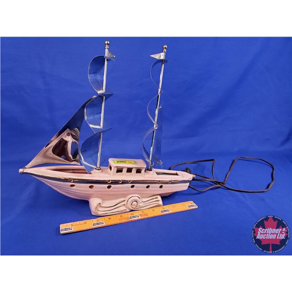 Ceramic Pink Nautical Ship Lamp / Chrome Sails (Electric) (Mid Century) (14-1/2"H x 16"W) (SEE PICS!
