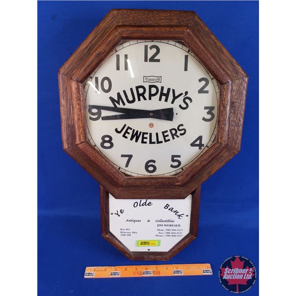 Forestville Wall Clock "MURPHY'S JEWELLERS" with Ad Insert "Ye Olde Bank Kitscoty" (Batt Op) (22"H x