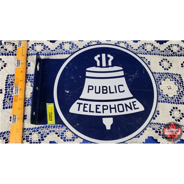 Double Side Enamel Flange Sign "PUBLIC TELEPHONE" (12-3/4" x 11-1/4"Dia) (SEE PICS!)