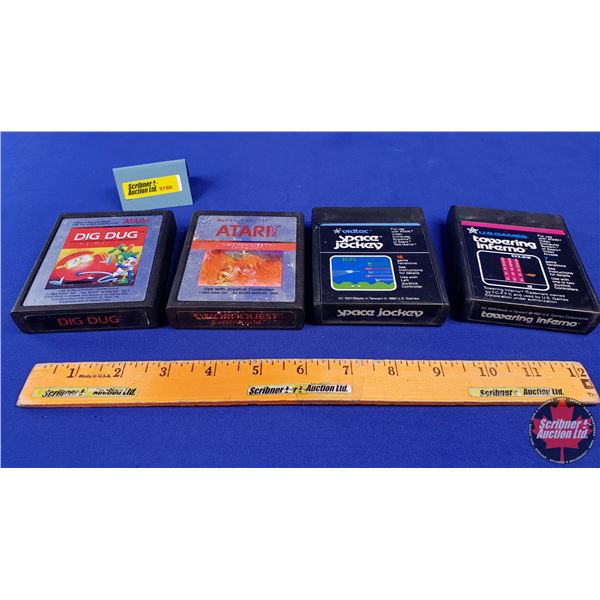 ATARI Game Cartridges (4): DIG DUG; SWORDQUEST; SPACE JOCKEY; TOWERING INFERNO (SEE PICS!)