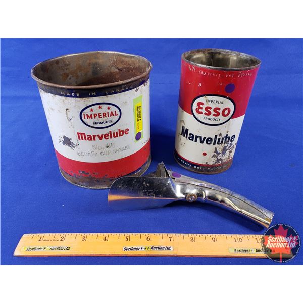 TINS (2) & Spout : "IMPERIAL MARVELUBE" & "ESSO MARVELUBE" (6"H x 6"Dia) (SEE PICS!)