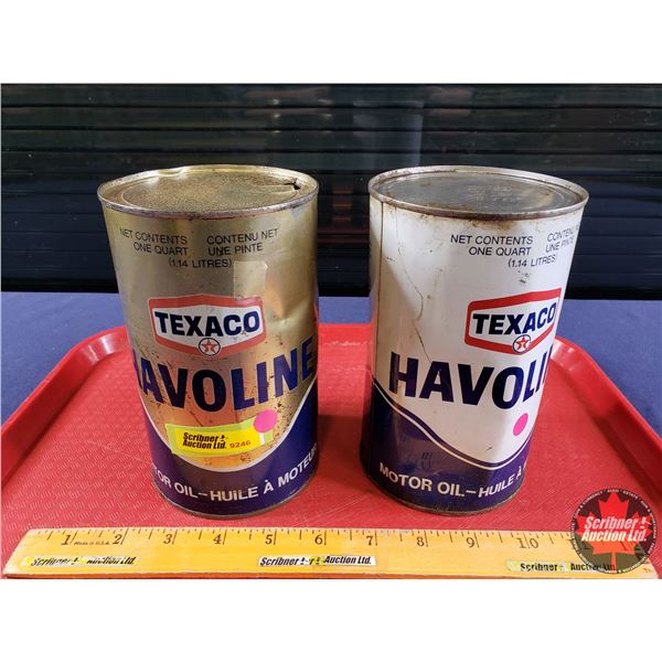 OIL TINS (2): TEXACO HAVOLINE (One Full) (6-1/2"H x 4"Dia) (SEE PICS!)