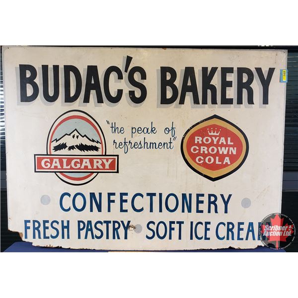 Single Side Hardboard Sign "BUDAC'S BAKERY" (Logos for CALGARY & ROYAL CROWN COLA) (34"H x 46-3/4"W 