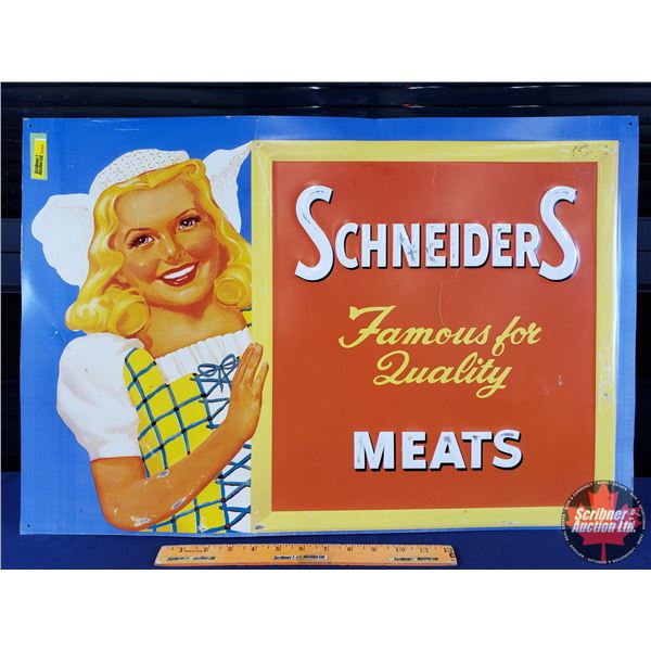 Single Side Tin Sign "SCHNEIDERS MEATS" "Famous for Quality" (18-1/4"H x 27"W) (SEE PICS!)