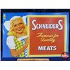Image 1 : Single Side Tin Sign "SCHNEIDERS MEATS" "Famous for Quality" (18-1/4"H x 27"W) (SEE PICS!)