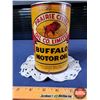 Image 2 : OIL TIN: BUFFALO MOTOR OIL ~ PRAIRIE CITIES OIL CO. LIMITED (Re-Roll) (6-1/2"H x 4"Dia) (SEE PICS!)
