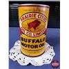 Image 4 : OIL TIN: BUFFALO MOTOR OIL ~ PRAIRIE CITIES OIL CO. LIMITED (Re-Roll) (6-1/2"H x 4"Dia) (SEE PICS!)