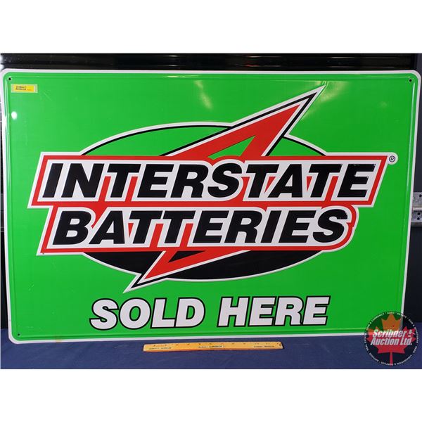 Single Side Tin Sign "INTERSTATE BATTERIES SOLD HERE" (Embossed) (24"H x 36"W) (SEE PICS!)