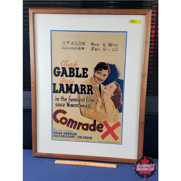 Framed Movie Poster "Comrade X" "Clark Gable Hedy Lamarr" (c.1940) (Stamped AVALON Sun & Mon Enumcla