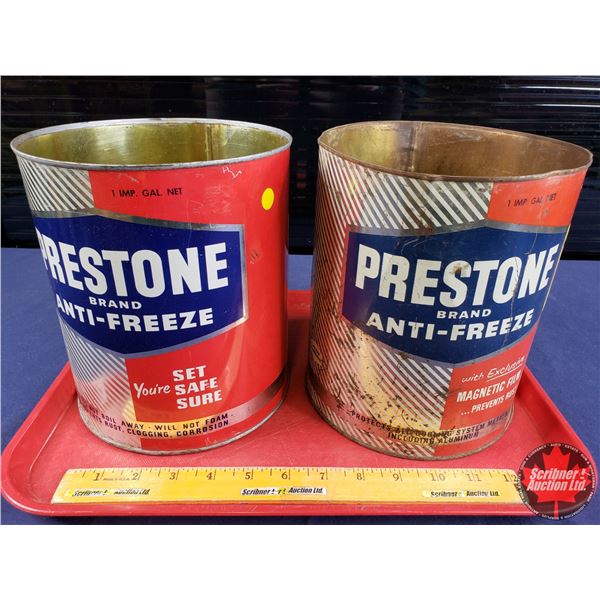 TINS (2): PRESTONE BRAND ANTI-FREEZE Gallon Tin (8"H x 7"Dia) (SEE PICS!)