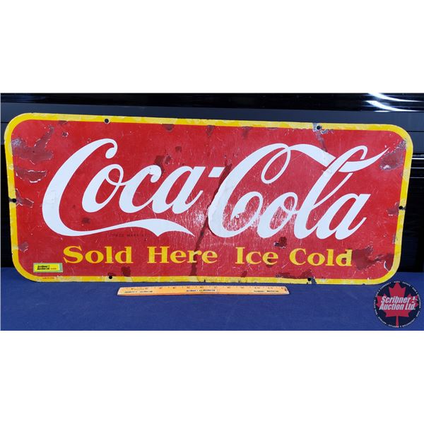Single Side Enamel Sign "Coca-Cola Sold Here Ice Cold" (12-1/4"H x 29-1/4"W) (Note: paint touchups) 