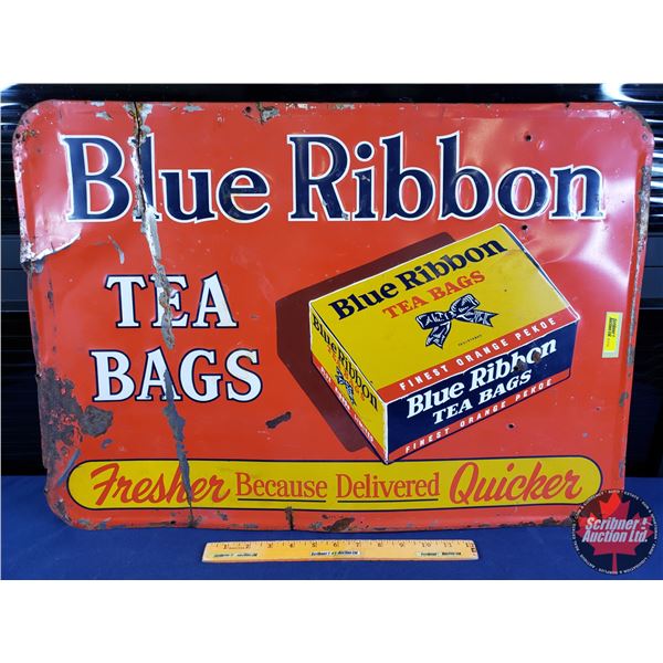 Single Side Tin Sign "Blue Ribbon Tea Bags" (Embossed) (Stamp: CCC - 53) (19-1/2"H x 27-1/4"W) (Note