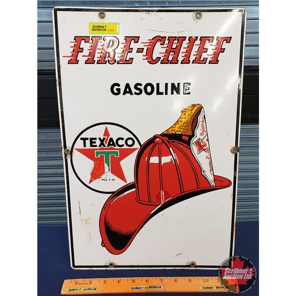 Single Side Enamel Gas Pump Sign : TEXACO FIRE-CHIEF GASOLINE (c.1947) (18"H x 12"W) (Note: some tou