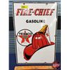 Image 1 : Single Side Enamel Gas Pump Sign : TEXACO FIRE-CHIEF GASOLINE (c.1947) (18"H x 12"W) (Note: some tou