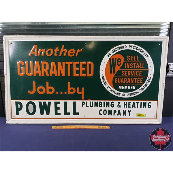 Single Side Tin Sign "POWELL PLUMBING & HEATING COMPANY" (Embossed) (19"H x 34-1/4"W) (SEE PICS!)