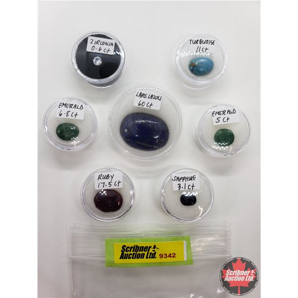 Gems/Stones (7) : Ruby; Sapphire; Emerald (2); Laspis; Turquoise; Zirconia (Consignor Tags on Cases)