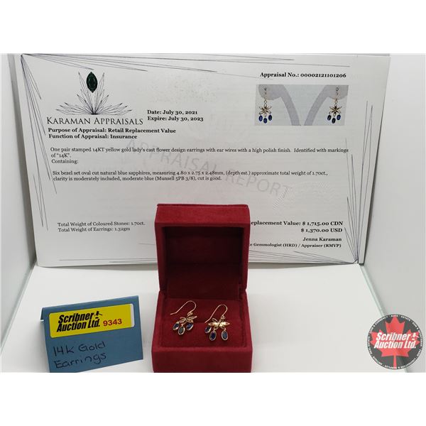 Floral Earrings (Stamped 14KT Gold & Blue Sapphires) (Appraisal included from July 30th 2021 / Exp J