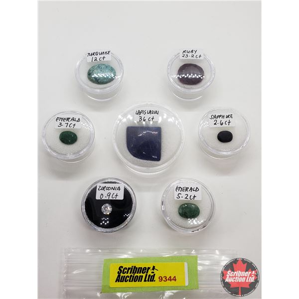 Gems/Stones (7) : Ruby; Sapphire; Emerald (2); Laspis; Turquoise; Zirconia (Consignor Tags on Cases)