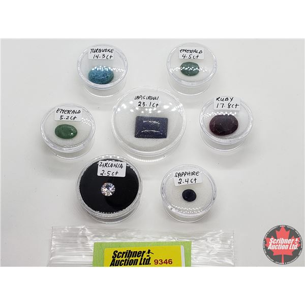 Gems/Stones (7) : Ruby; Sapphire; Emerald (2); Laspis; Turquoise; Zirconia (Consignor Tags on Cases)