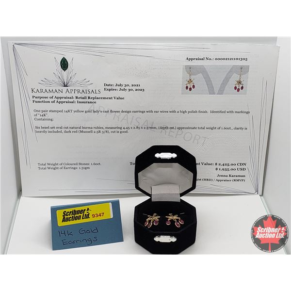 Floral Earrings (Stamped 14KT Gold & Natural Rubies) (Appraisal included from July 30th 2021 / Exp J