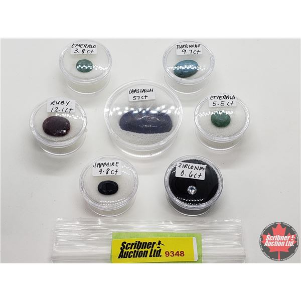 Gems/Stones (7) : Ruby; Sapphire; Emerald (2); Laspis; Turquoise; Zirconia (Consignor Tags on Cases)