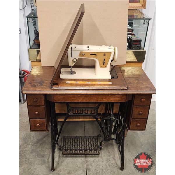 Singer Treadle Sewing Machine Cabinet Retro Fitted with Electric Sewing Machine (Machine Working) (C