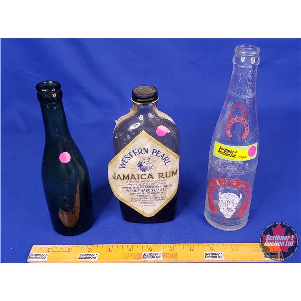 Vintage Bottles (3): Calgary Brewing, Western Pearl Jamaica Rum & Green Glass Bottle (Tallest : 10"H