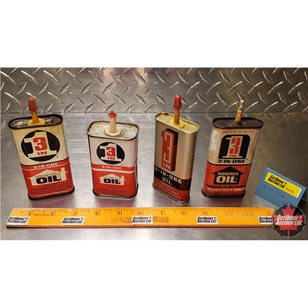 OIL TINS (4) : "3-IN-ONE" (One Partially Full) (5-1/2"H Tallest) (SEE PICS!)