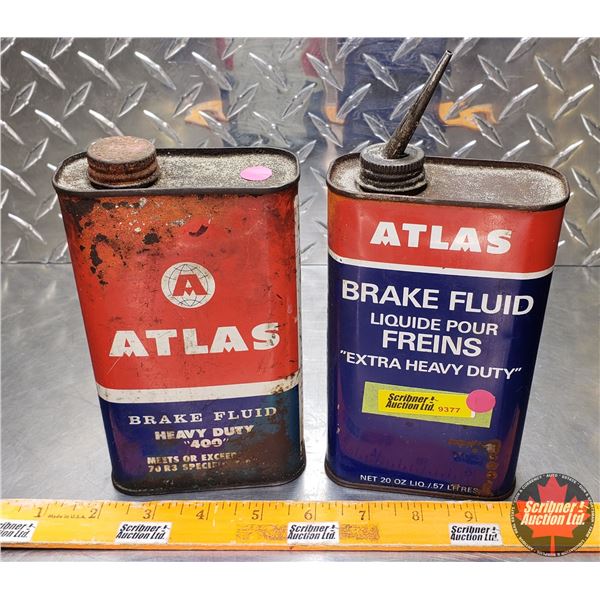 OIL TINS (2) : ATLAS Brake Fluid (One Partially Full) (7"H x 4"W x 1-3/4"D) (SEE PICS!)
